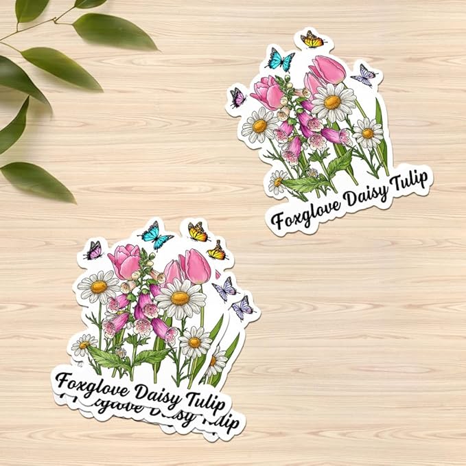 HANDICHI Design 5-Pack 5 Inch Foxglove Daisy Tulip Stickers – Floral Vinyl Decals, FDT Bumper Stickers, Waterproof Aesthetic Flower Sticker Pack for Laptops, Water Bottles, Journals