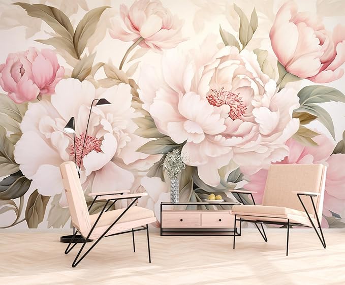 Pink Floral Wallpaper Peel and Stick Large Peony Flower Self Adhesive Wall Mural for Living Room Bedroom 157"x108"