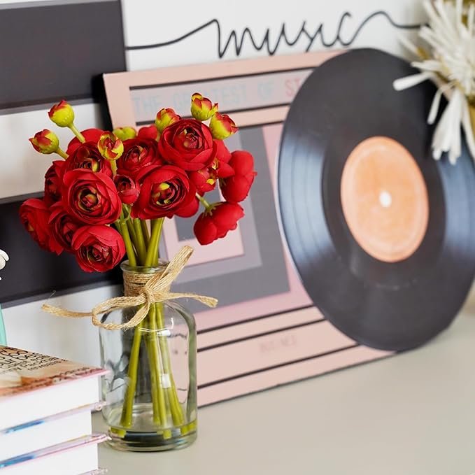 Ranunculus Artificial Flowers with Vase, 8 Pcs Faux Silk Ranunculus Flower in Vase, Small Flower Arrangements for Home Decor Indoor, Table Centerpiece. (Red)