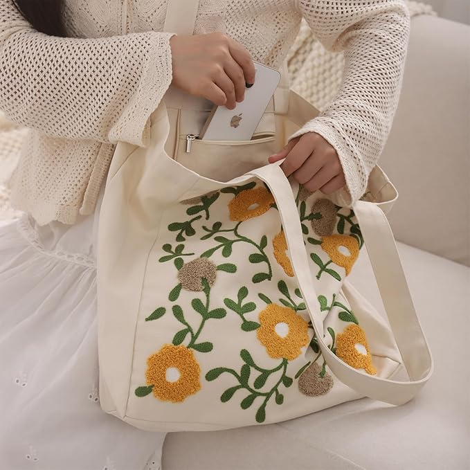 Aesthetic Embroidery Tote Bag for Lady Cute Reusable Canvas Shoulder Bag for Girls Women Shopping Grocery