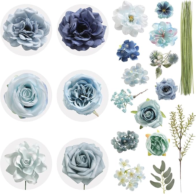 Artificial Flowers Combo Box Blue Flowers Silk Fake Roses with Stems for DIY Wedding Bridal Bouquets,Table Centerpieces,Cake Floral Arrangement,Baby Shower,Birthday Party Home Decorations