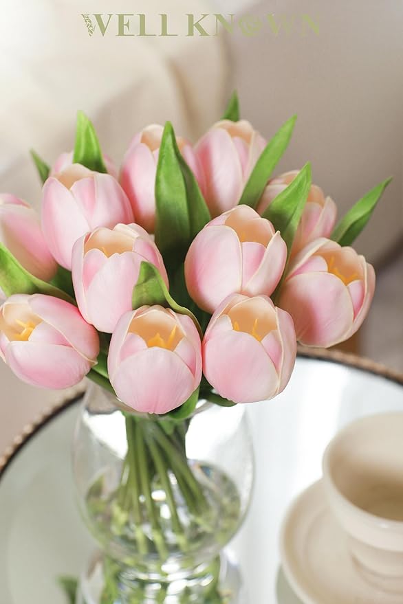 WELL KNOWN 12 Pcs Tulips Artificial Flowers in Vase, Real Touch Tulips with Vase with Upgrate Acrylic Water Flower Arrangements Centerpiece for Dining Room Table Decoration（Pink）