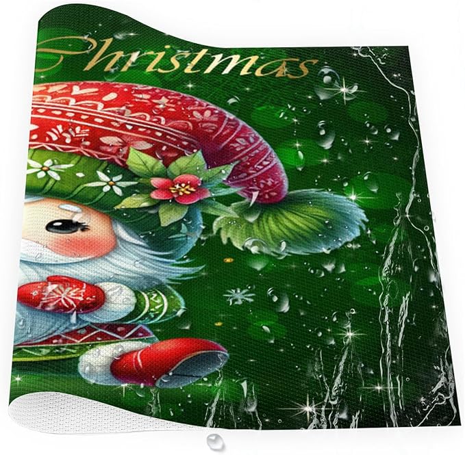 Xmas Christmas Green Santa Claus Placemats Set of 1 PVC Vinyl Non Slip Table Mats Heat Resistant Place Mats Washable Wipeable Dining Table Mat for Kitchen Decor Party Indoor Outdoor Decorative Gift