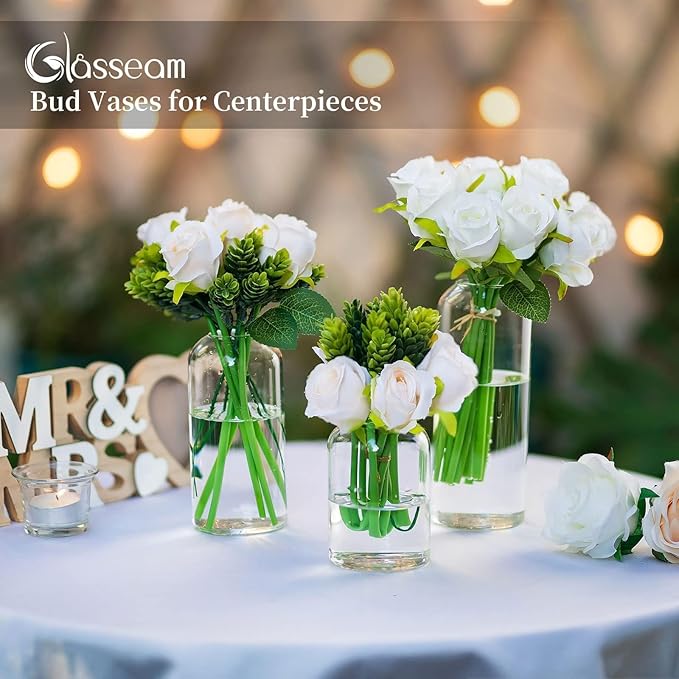 Glasseam Small Bud Vases for Flowers, Handmade Glass Vases for Centerpieces, Unique Flower Vase Set of 3, Cute Blown Clear Vases for Decor, Minimalist Centerpiece Table Wedding Decorations