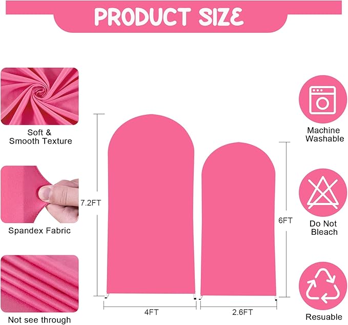 Hot Pink Arch Backdrop Covers - 7.2FT, 6FT Spandex Fitted Wedding Arch Stand Covers Round Top Chiara Stretchy Arch Backdrop Cover for Wedding Birthday Party Decoration