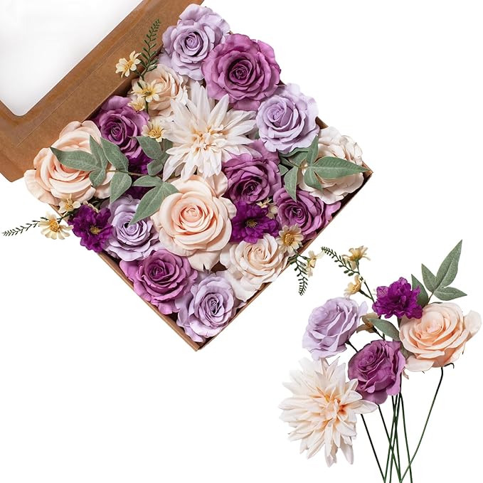 FANKO Rose Artificial Flowers Combo for DIY, Fake Purple Rose Silk Flowers Greenery, Faux Flowers for Wedding Bridal Bouquet, Baby Shower, Table Centerpieces, Floral Arrangement, Party Home Decoration