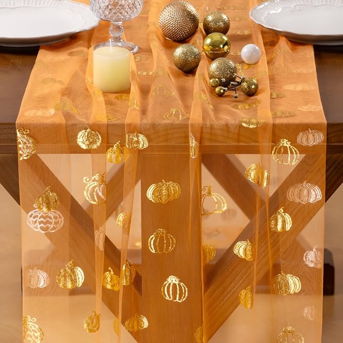 Socomi Gold Table Runner Fall Pumpkin Gauze Sheer Chiffon Cheesecloth Sequin 10FT Glitter Metallic Foil Dining Wedding Birthday Party Baby Shower Holiday Centerpiece Table Decor Orange