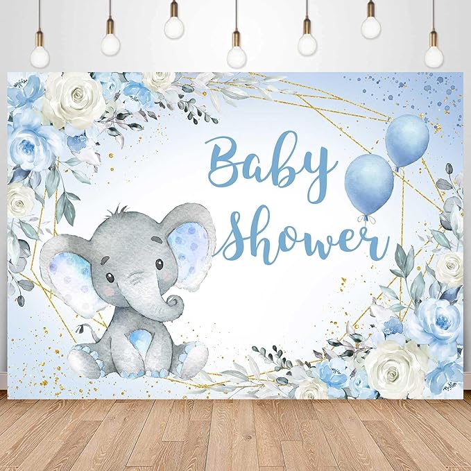 Elephant Baby Shower Backdrop Blue Flower It's A Boy Elephant Baby Shower Party Decorations Photography Background Little Peanut Cake Table Banner Photoshoot Supplies 7x5ft