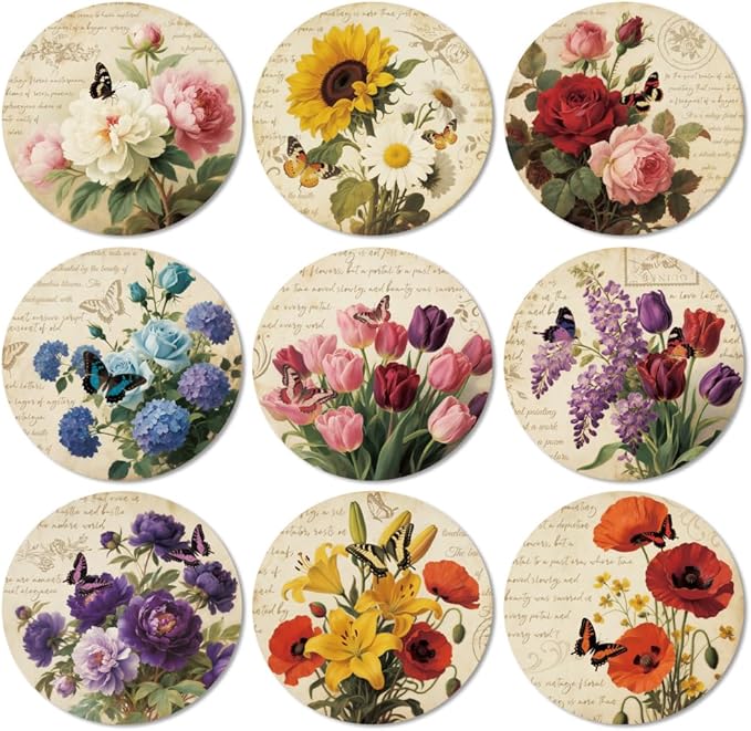 ANATTASOUL Coasters Set of 9 Retro Flowers Pattern Colorful Wooden Coasters Bulk Round Housewarming Gift for New Home, 3.9" Decorative Coffee Table Protection for Farmhouse Bar House Decor