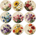 ANATTASOUL Coasters Set of 9 Retro Flowers Pattern Colorful Wooden Coasters Bulk Round Housewarming Gift for New Home, 3.9" Decorative Coffee Table Protection for Farmhouse Bar House Decor
