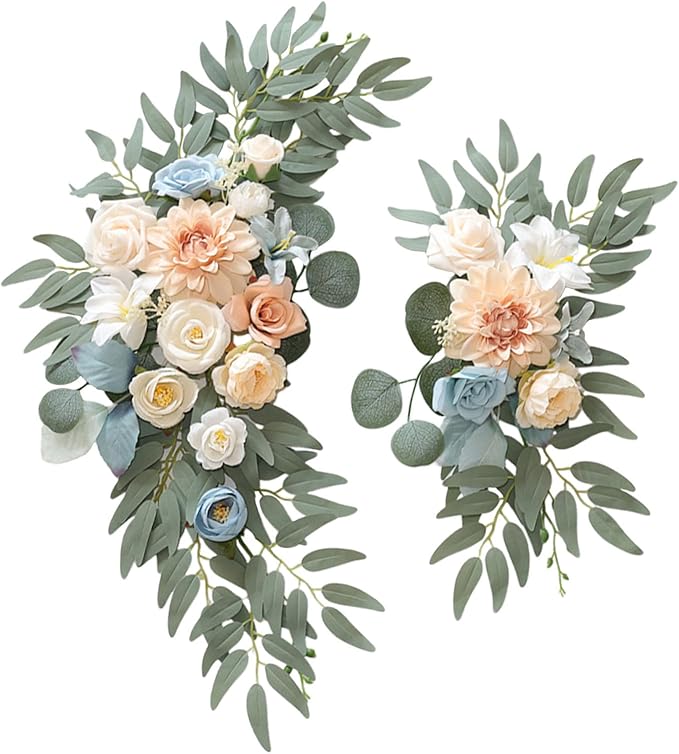 Faux Flower Swag Set of 2, Champagne Blue Artificial Flowers Swags for Wedding Arch, Wedding Welcome Signs, Welcome Reception Ceremony Signs Decorations