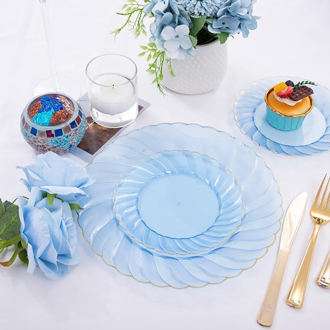 YOUBET 125PCS Clear Blue Gold Plastic Plates - Blue Disposable Plates With Gold Rim Include 25 Dinner Plates 25 Dessert Plates 75 Golden Silverwares for Wedding Birthday & Parties