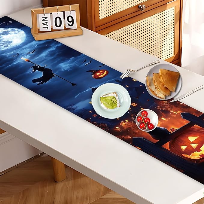 Halloween Witch & Full Moon Table Runner – 13x72 Inch Spooky Halloween Decor with Witch Silhouette and Moon Design, Durable Linen-Look Fabric for Dining Tables & Parties