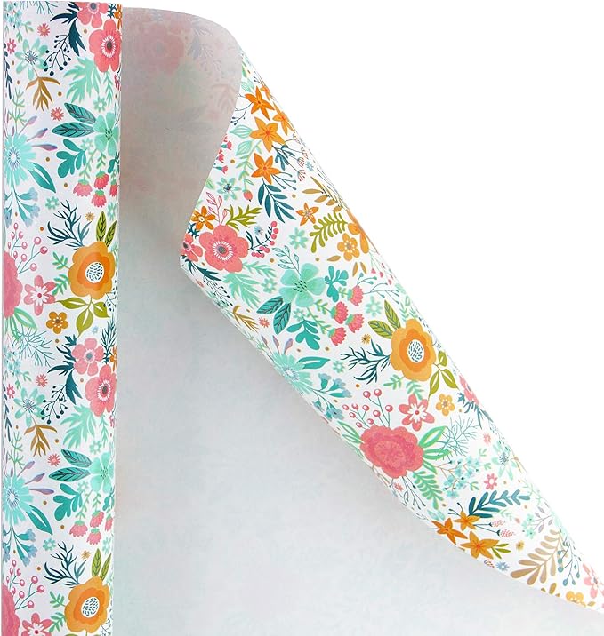 WRAPAHOLIC Floral Wrapping Paper Roll - Mini Roll - 17 Inch x 33 Feet - Spring Summer Garden Flower Design Perfect for Wedding, Bridal Shower, Birthday, Baby Shower