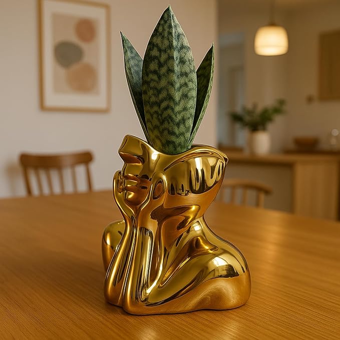 Face Vase Unique Ceramic Vase for Room,Office,Home Decor,Gold,A