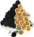30pcs Fake Roses Artificial Silk Flowers Long Stems Bouquet for Wedding Bridal Shower Party Home Decoration (Black + Gold)
