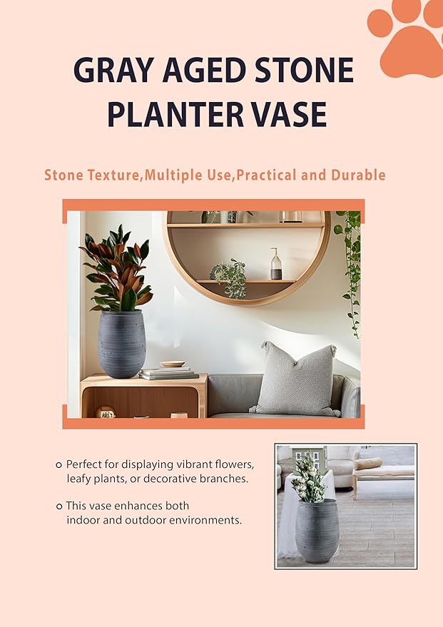 Serene Spaces Living Gray Aged Stone Planter Vase - Decorative Indoor/Outdoor Flower Pot, Textured Stone Finish, Planter & Cachepot, Home Décor for Plants & Flowers, 10" Diameter & 12" Tall, Pack of 1