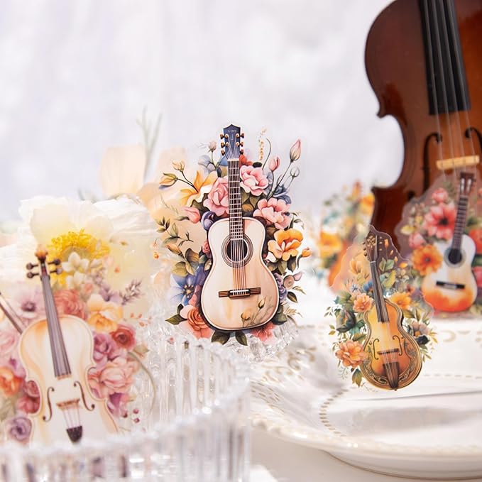 120Pcs Flowering Symphony PET Stickers, Watercolor Musical Instrument Ephemera for Scrapbooking, Journaling, and Craft Supplies