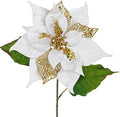10" Poinsettia Flower Artificial for Christmas Tree Decor, 3 Pcs Faux Glitter Poinsettias Stems for DIY Xmas Wreath & Garland, Christmas Ornaments for Home Party, Holiday Decorations, White Gold
