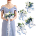 TINGE TIME 7 Inch Artificial Flowers Wedding Bouquets for Bridesmaid, Set of 4, Dusty Blue Bride Tossing Bouquet for Rustic Wedding Ceremony Bridal Shower Rehearsal Dinner Vintage Party