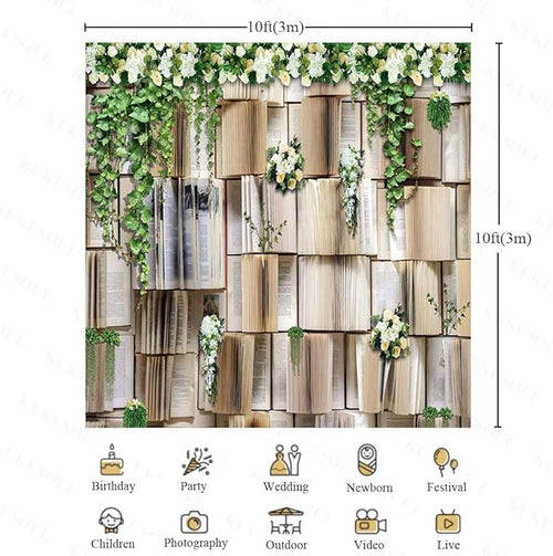 10x10ft Books Backdrop for Photography Flower Garlend Book Pages Wedding Party Backdrop Kids Birthday Party Banner Baby Shower Photoshoot Booth Props KUBDJ737