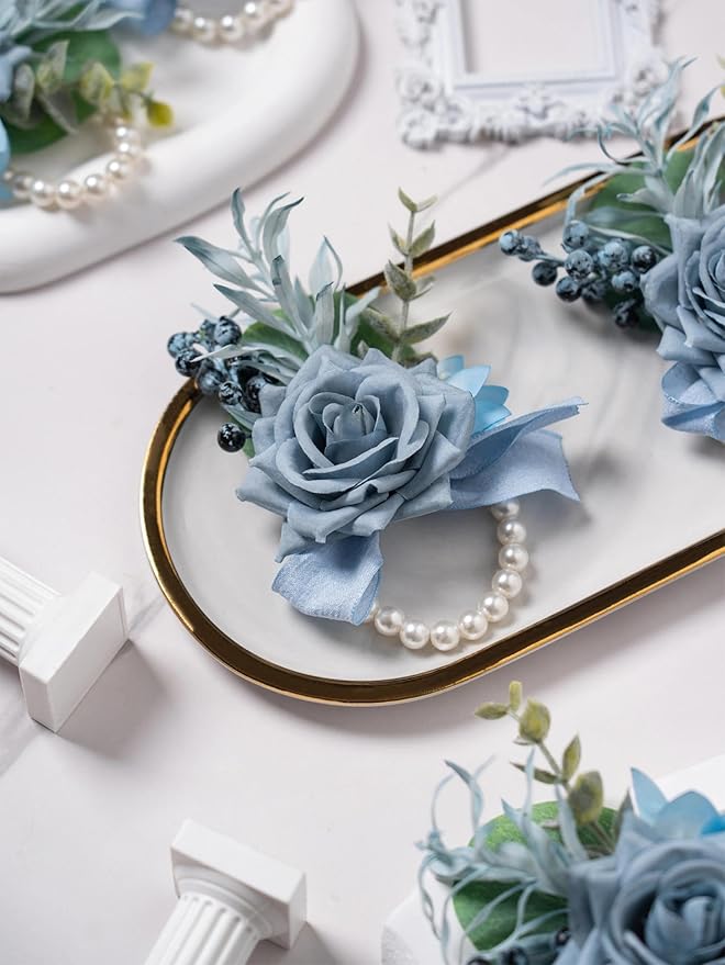 Meldel Dusty Blue Corsage and Boutonniere Set, Rose Boutonniere for Men, Prom Flower Wrist Corsage Bracelets, Homecoming Corsages Wristlet, Men Boutonnieres for Wedding Flowers Accessories Prom Suit