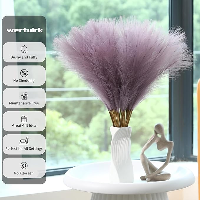 60pcs Purple Pampas Grass - 24 Inch Small Faux Pampas Grass Decor, Artificial Pompas Floral for Vase Filler, Table Centerpieces, Kitchen and House Decor (Purple)