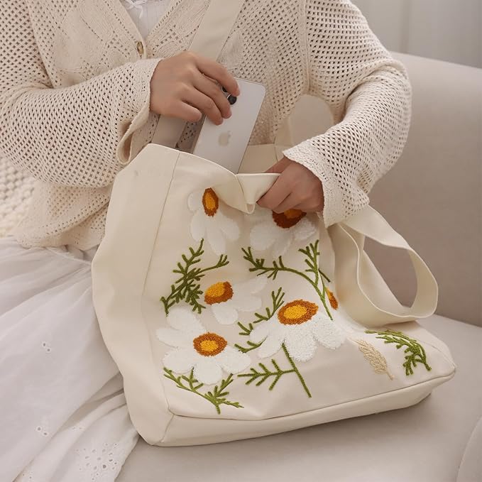 Aesthetic Embroidery Tote Bag for Lady Cute Reusable Canvas Shoulder Bag for Girls Women Shopping Grocery