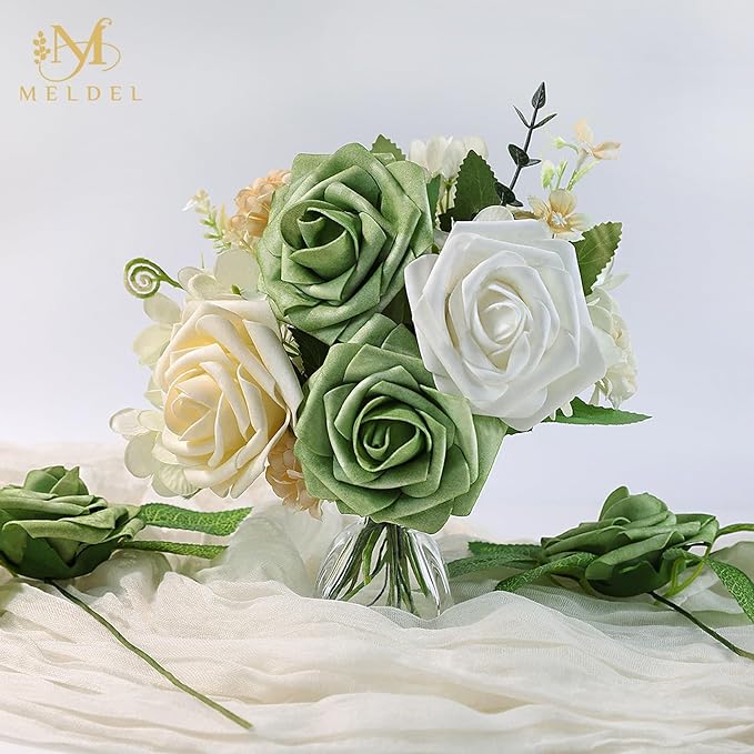 Meldel Artificial Flowers 25pcs Real Looking Elf Green Foam Fake Roses with Stems for DIY Wedding Bouquets Bridal Shower Centerpieces Floral Arrangements Home Decorations Bulk Crafts Rose