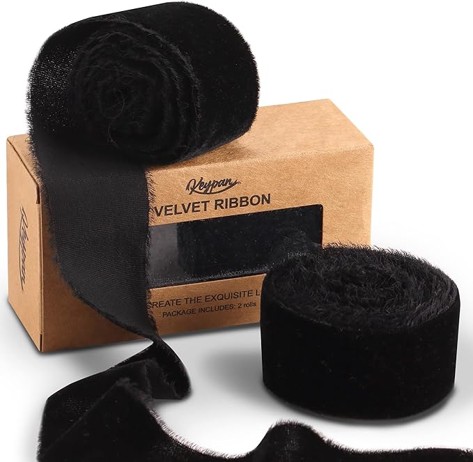 Velvet Ribbon for Gift Wrapping Black Handmade Fringe Ribbons for Crafts Bouquet Halloween Decorations 2 Rolls 1 1/2 Inch x 2 Yd (4 Yards Total)