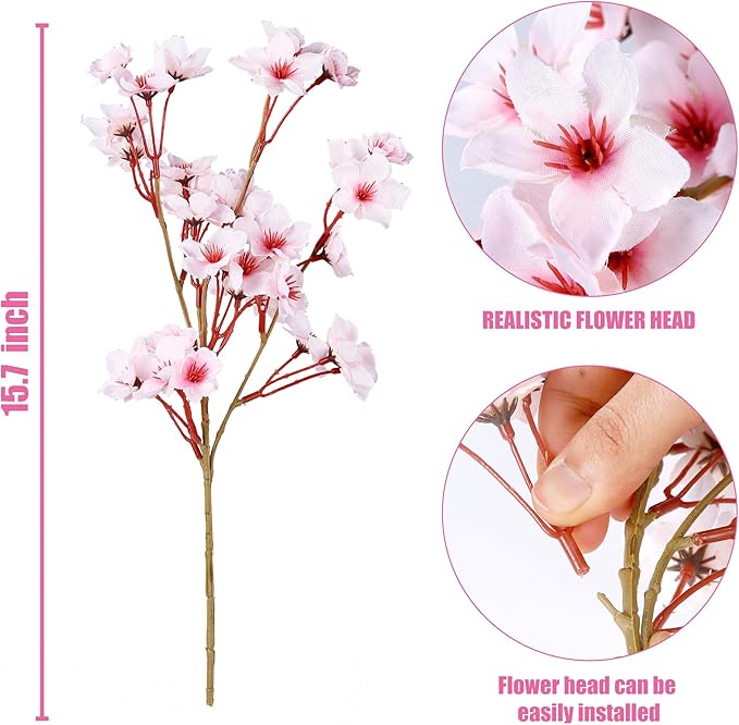 Sggvecsy Artificial Cherry Blossom Flowers 4 Pcs Faux Cherry Blossom Stems Faux Silk Cherry Blossom Branches 15.7’’ Fake Peach Flowers for Vase Arrangements Home Wedding Table Decor (Pink)