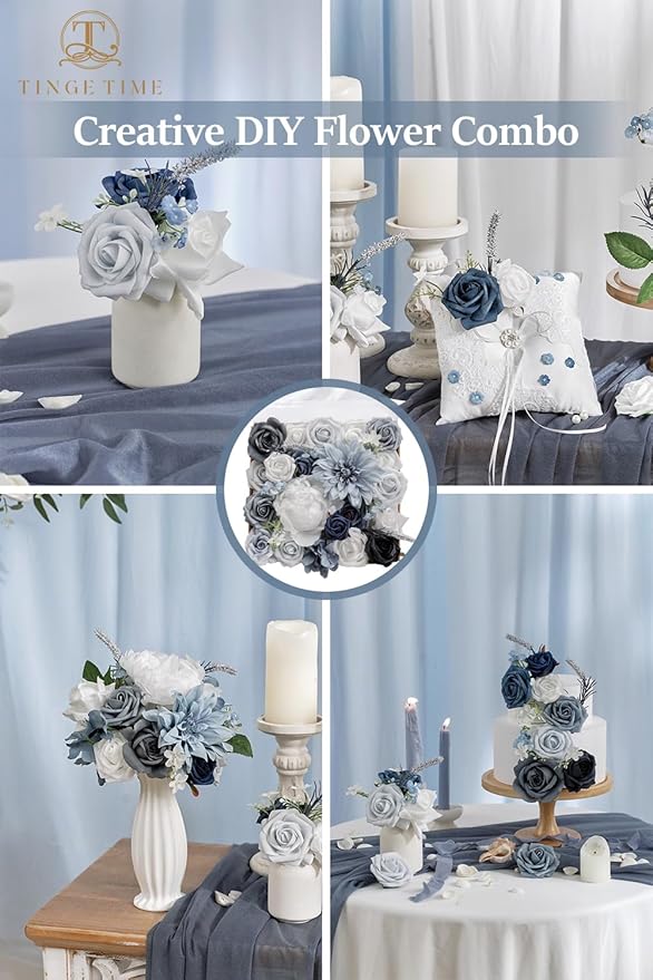 TINGE TIME Artificial Flowers Dusty Blue and White Flower Combo for DIY Wedding Bouquets Table Centerpieces Arrangements Party Baby Shower Home Decorations