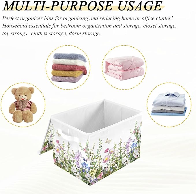 senya Spring Storage Baskets Collapsible Storage Bins with Lids, Spring Wild Flowers Butterfly Storage Boxes Clothes Baskets for Organizing