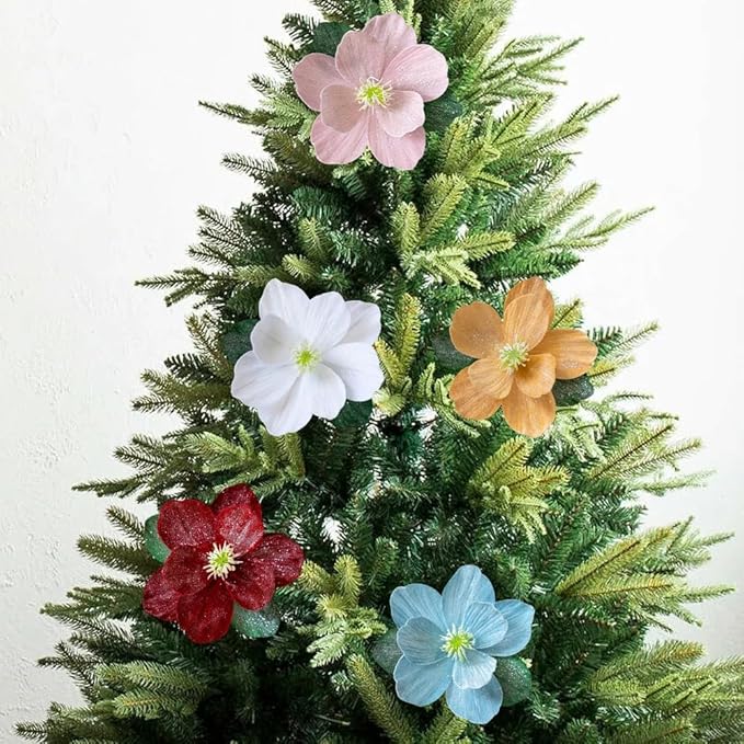 Artificial Magnolia Flowers with Glitter, Foldable Christmas Tree Decor, for Vase Arrangements, Gold