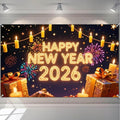 Happy New Year 2026 Backdrop 71x43 Inch Gold Light Party Banner with Fireworks and Gift Boxes for Indoor Wall Decoration Countdown Celebration and Holiday Photo Background