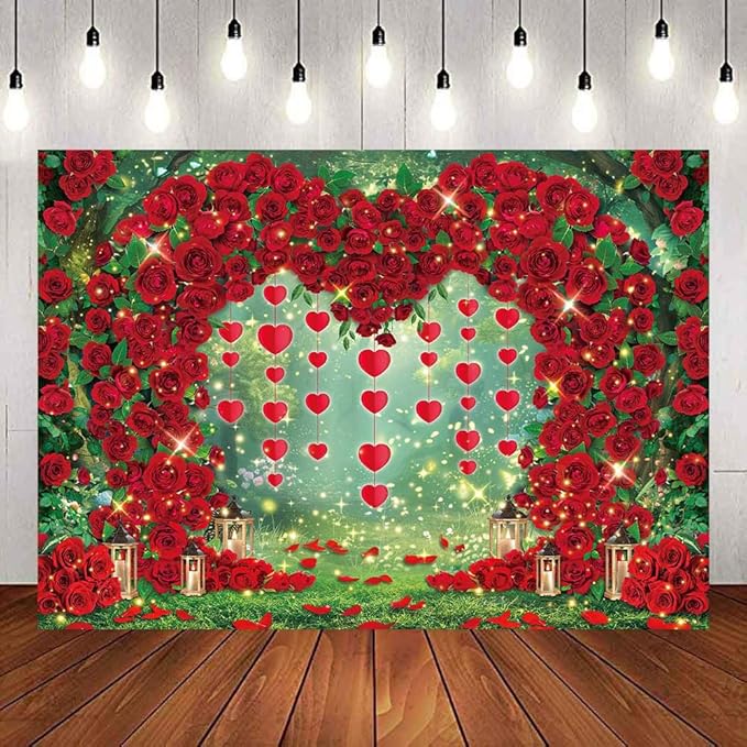 Valentine's Day Backdrop Red Rose Love Heart Garden Photography Background Floral Wedding Bridal Shower Birthday Party Decorations Photo Banner Props (82x59inch(7x5FT))