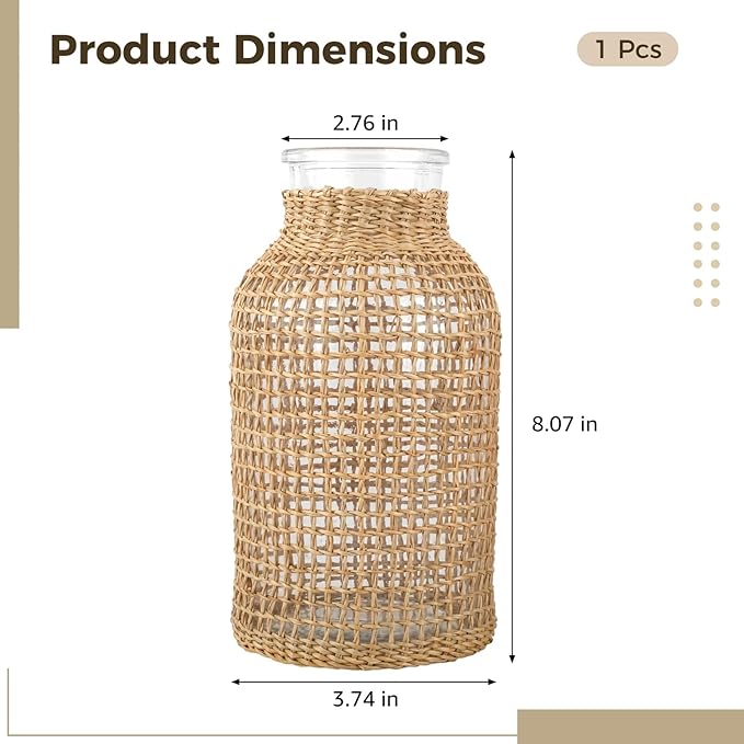 Rattan Glass Vase, 8 in Woven Vase, Glass Vase Wrapped with Wicker, Indoor and Outdoor Use, Rustic Style, Ideal for Home Decor