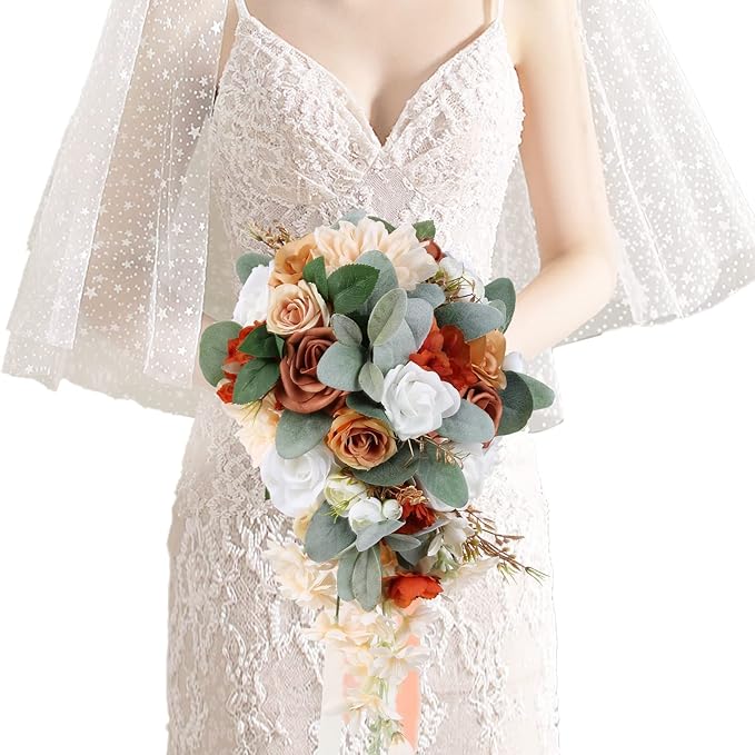 Wedding Bouquet, 11 Inch Terracotta Wedding Decor Artificial Flowers Bridal Bouquet Cascading Wedding Bouquets for Bride for Wedding Ceremony and Anniversary(Chic Terracotta)