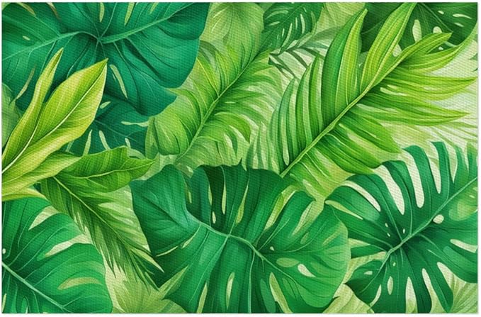 Green Summer Palm Leaf Placemats Set of 1 PVC Vinyl Non Slip Table Mats Waterproof Heat Resistant Place Mats Washable Wipeable Dining Table Mat for Kitchen Party Indoor Outdoor Decorative