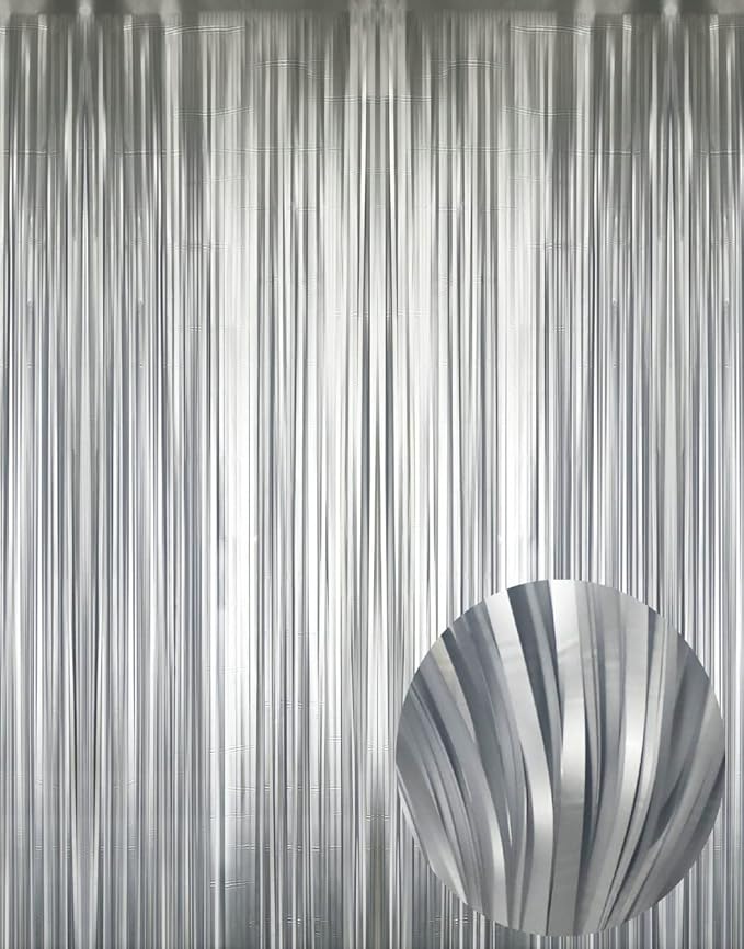 GOER 3.2 ft x 8.2 ft Metallic Tinsel Foil Fringe Curtains Party Photo Backdrop Party Streamers for Birthday,Graduation,New Year Eve Decorations Wedding Decor (1 Pack,Matte Silver,Thick Material)