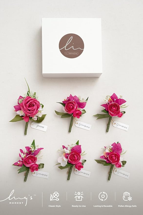 Ling's moment Boutonniere for Men, 6pcs Groom Groomsmen Boutonniere, Artificial Flowers for Wedding Decor/Prom/Homecoming, etc.Hot Pink Magenta Blush