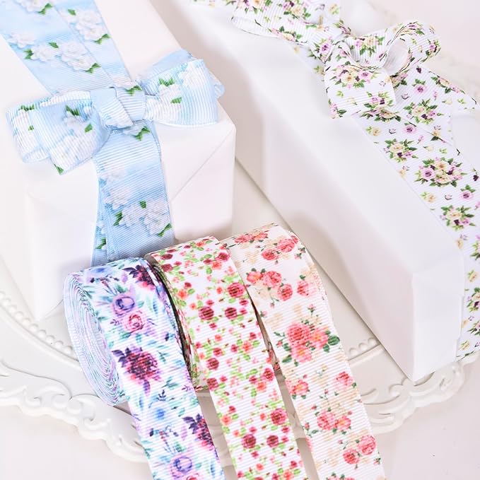 Floral Grosgrain Ribbon, 5 Rolls Flower Pattern Ribbon Spring Summer Fabric Decorative Craft Ribbon Roll for Gift Wrapping Decor Hair Bow Sewing Wreath Crafts (Mixed Color, 3/8 inch X 20Yards)