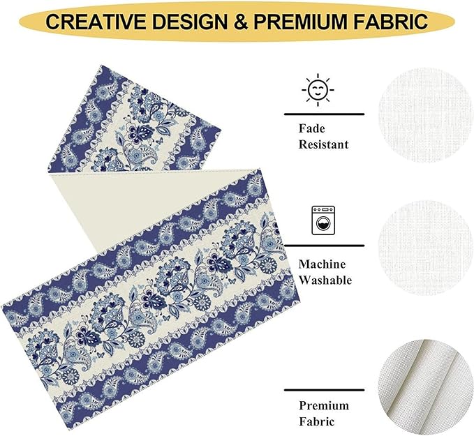 Blue Paisley Table Runner, Rustic Blue Bohemian Damask Exotic Flower Cafe Table Center Decor for Home Kitchen Dining Patio Holiday Party Indoor Outdoor Table Decorations 13x72 inch