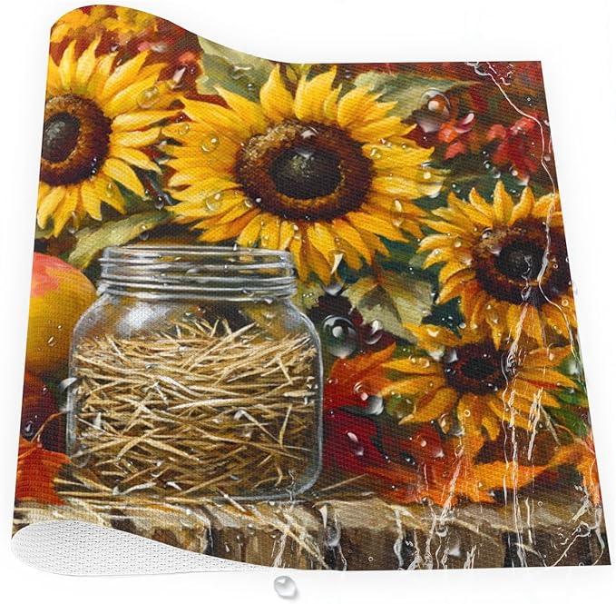 Autumn Apple Flower Sunflower Placemats Set of 1 PVC Vinyl Non Slip Table Mats Heat Resistant Place Mats Washable Wipeable Dining Table Mat for Kitchen Decor Party Indoor Outdoor Decorative Gift