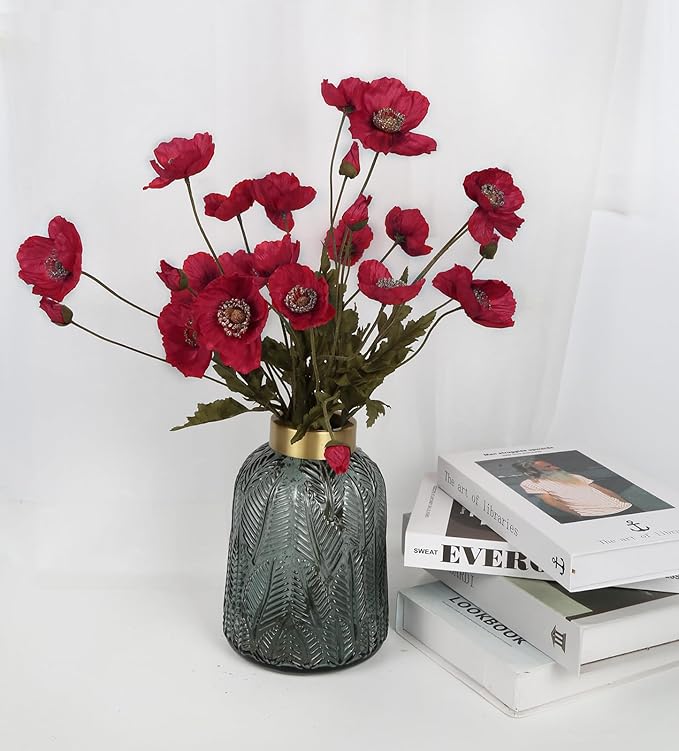 IPOPU Red Poppy Flowers 6pcs Artificial Poppies Faux Vintage Silk Flower Arrangements for Wedding Centerpieces, Home Table, Bridal Shower Party Decorations