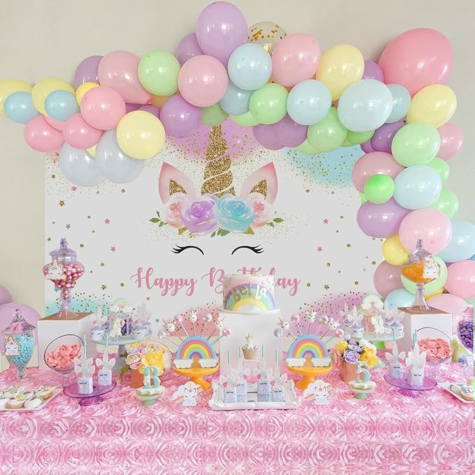 Mocsicka Unicorn Birthday Decorations Unicorn Backdrop for Girls Birthday Party 7x5ft Pastel Rainbow Unicorn Glitter Stars Dots Happy Birthday Banner Photo Booth Props