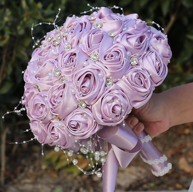 Bridal Wedding Bouquet Round Bling Brooch Bouquet Throw Toss Artificial Rose Flower Bunch for Bride Bridesmaid Wedding Quinceanera(Light Taro Purple, 9.8")
