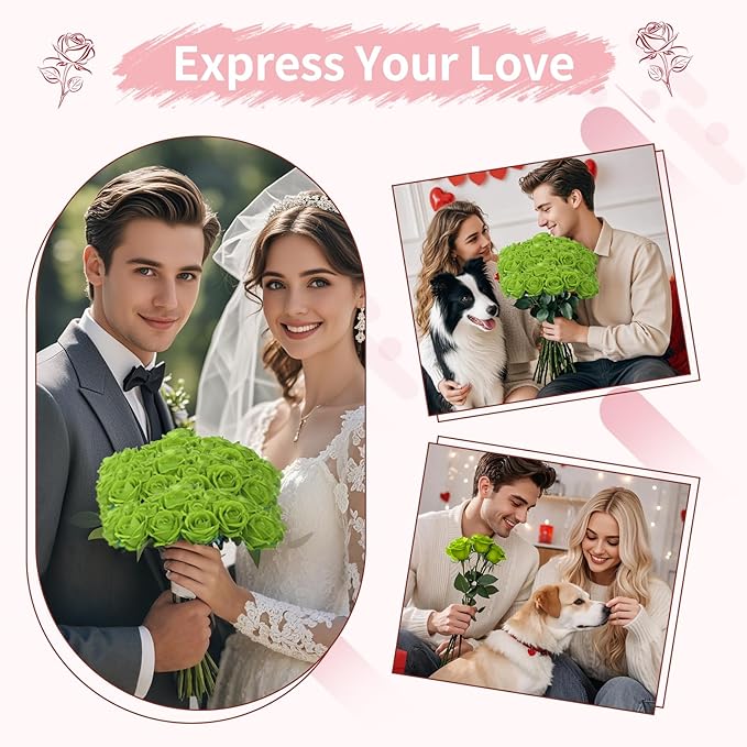 102 PCS Green Roses Artificial Flowers,Fake Green Roses Bouquet,Greens Artificial Silk Rose with Stems for Wedding Flowers Decoration, Valentines Day, Bridal Bouquet Rose,Wedding Decoration