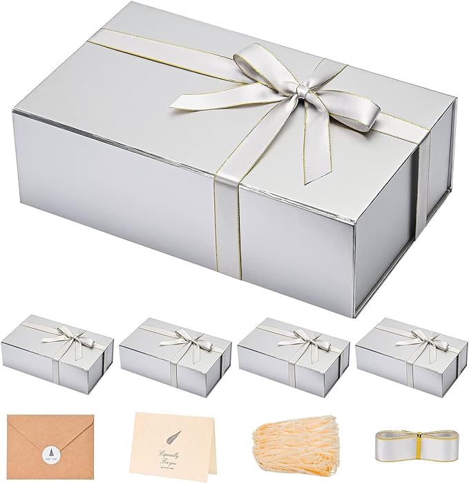 LIFELUM Gift Boxes with Lids,5 Pack 13.85 x 8.35 x 4.45 inch Silver Gift Boxes with Ribbon, Card, Shredded Paper Filler for Presents,Graduation,Christmas,Birthdays