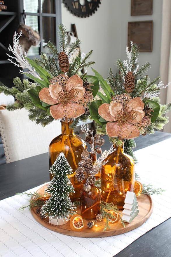 Briful 2 Pack 18.9in Christmas Magnolia Flower Picks, Artificial Magnolia Flower Spray with Pinecones for Xmas Tree Vase Floral Arrangements Wreath Decor